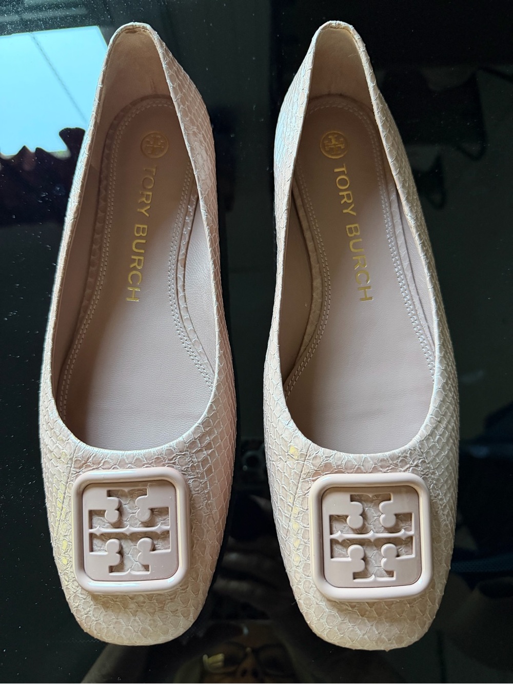 Tory Burch Georgia Ballet Flats Womens 10 M Pink Snakeskin Leather Square Toe
